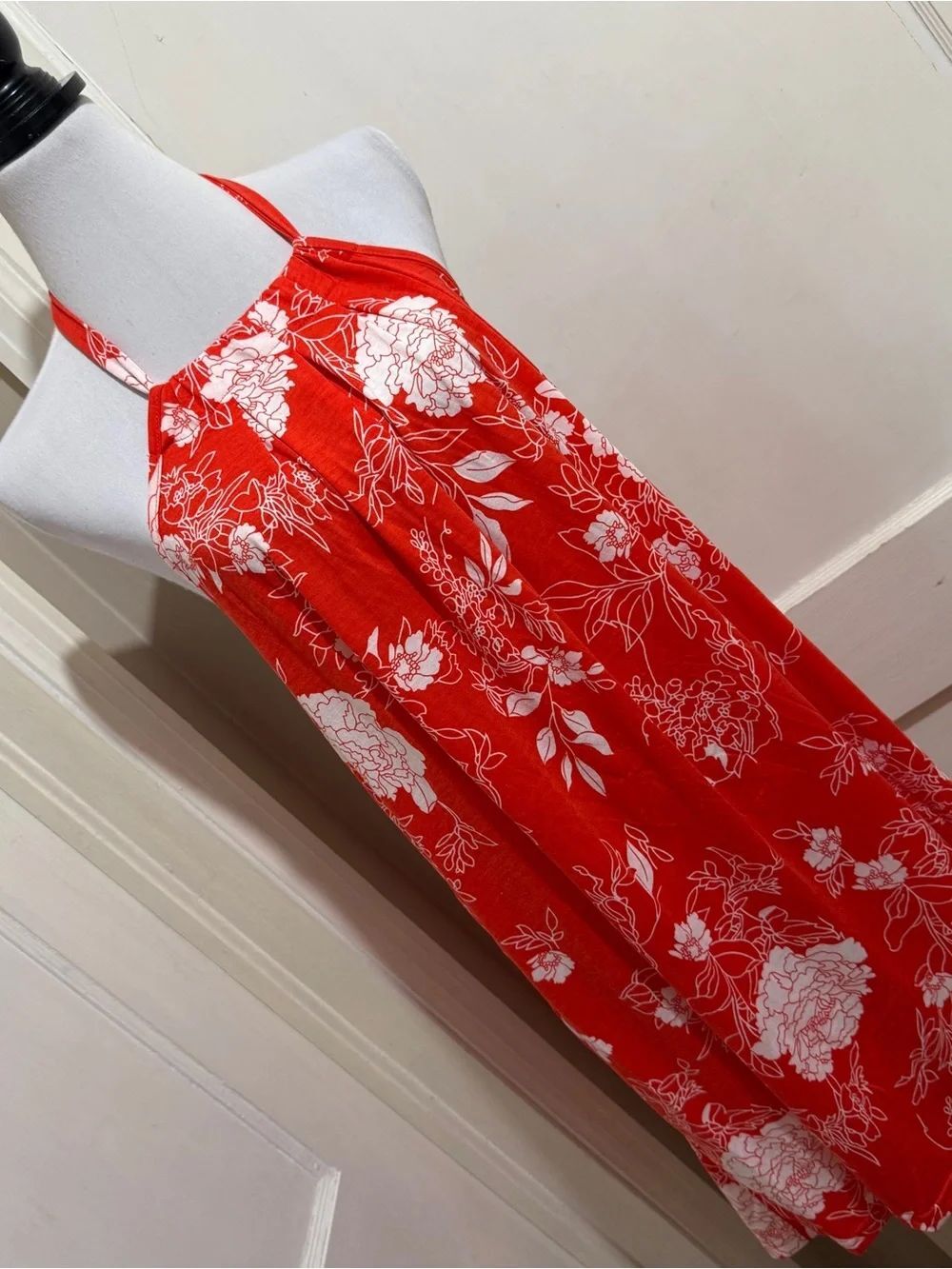 Red Floral Halter Dress with White Blooms